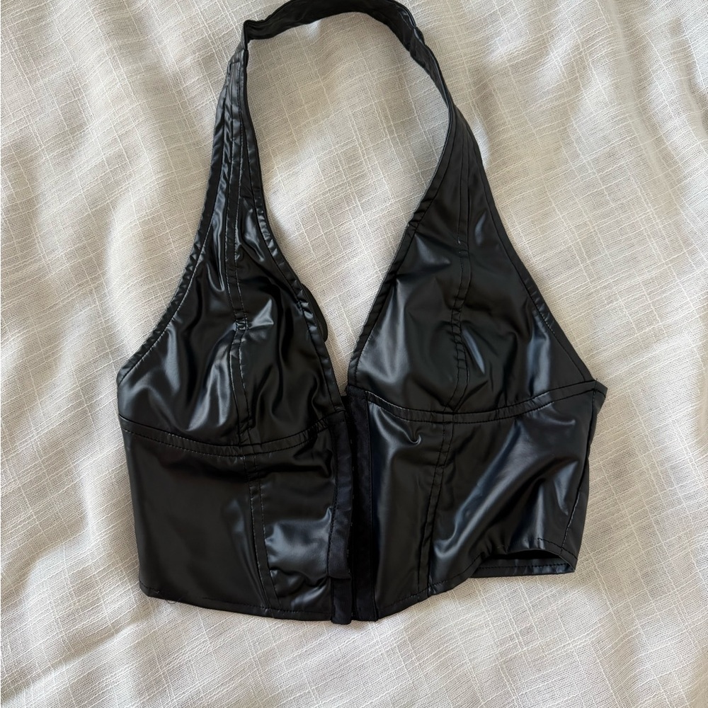 Black Faux Leather Halter Bralette Top